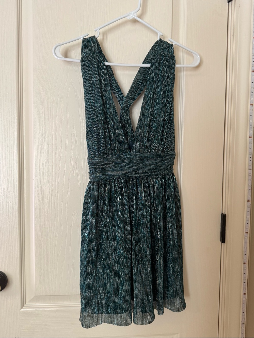 Lulu's Teal Metallic Twisted Back Cocktail Dress
